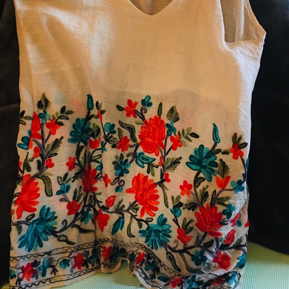 Hand embroidered spaghetti strap sleeveless blouse with built in front slip.